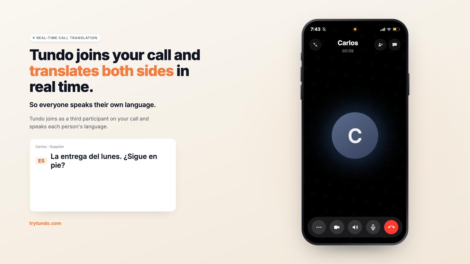Tundo translating a live call between two people speaking different languages